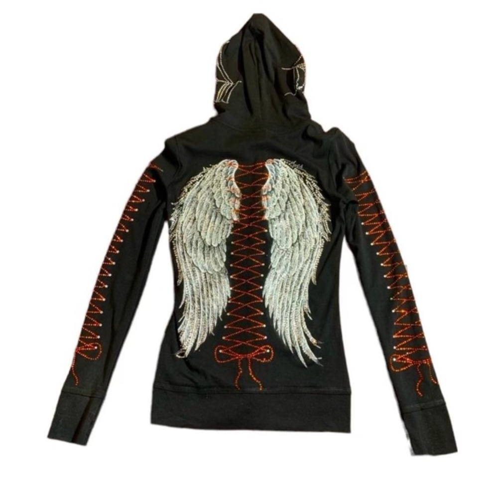 Vintage Punk Graphic Spiderweb + Wings rhinestone zip up Hoodie